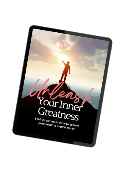 iPad with ebook image of person standing on top of hill, unleash your inner greatness