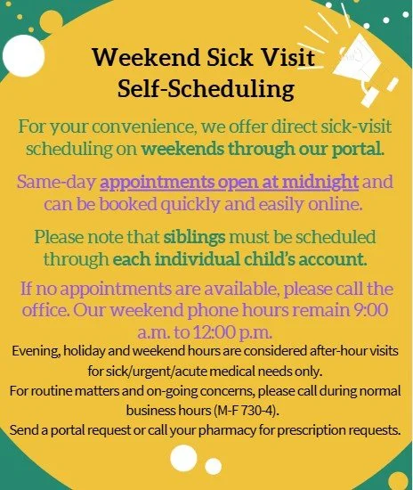Feeling under the weather this weekend? You can now schedule sick visits directly through our patient portal, starting at midnight on weekends! No need to wait for office hours, just log in, pick a time, and get the care you need.
Convenient. Quick. 