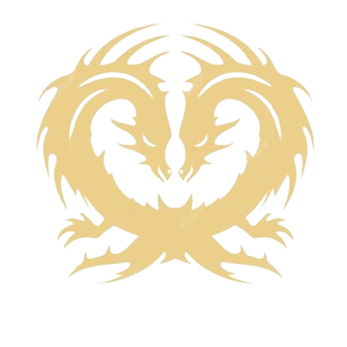 Gold-colored symmetrical dragon or mythical creature emblem with intricate details against a black background.