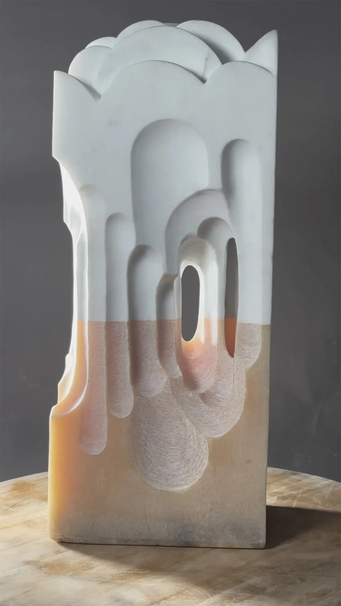 'Where the light enters' .
Statuario carrara white marble and orange onyx .
Height - 55cm .
Width - 23cm .
Depth - 14cm .
POA