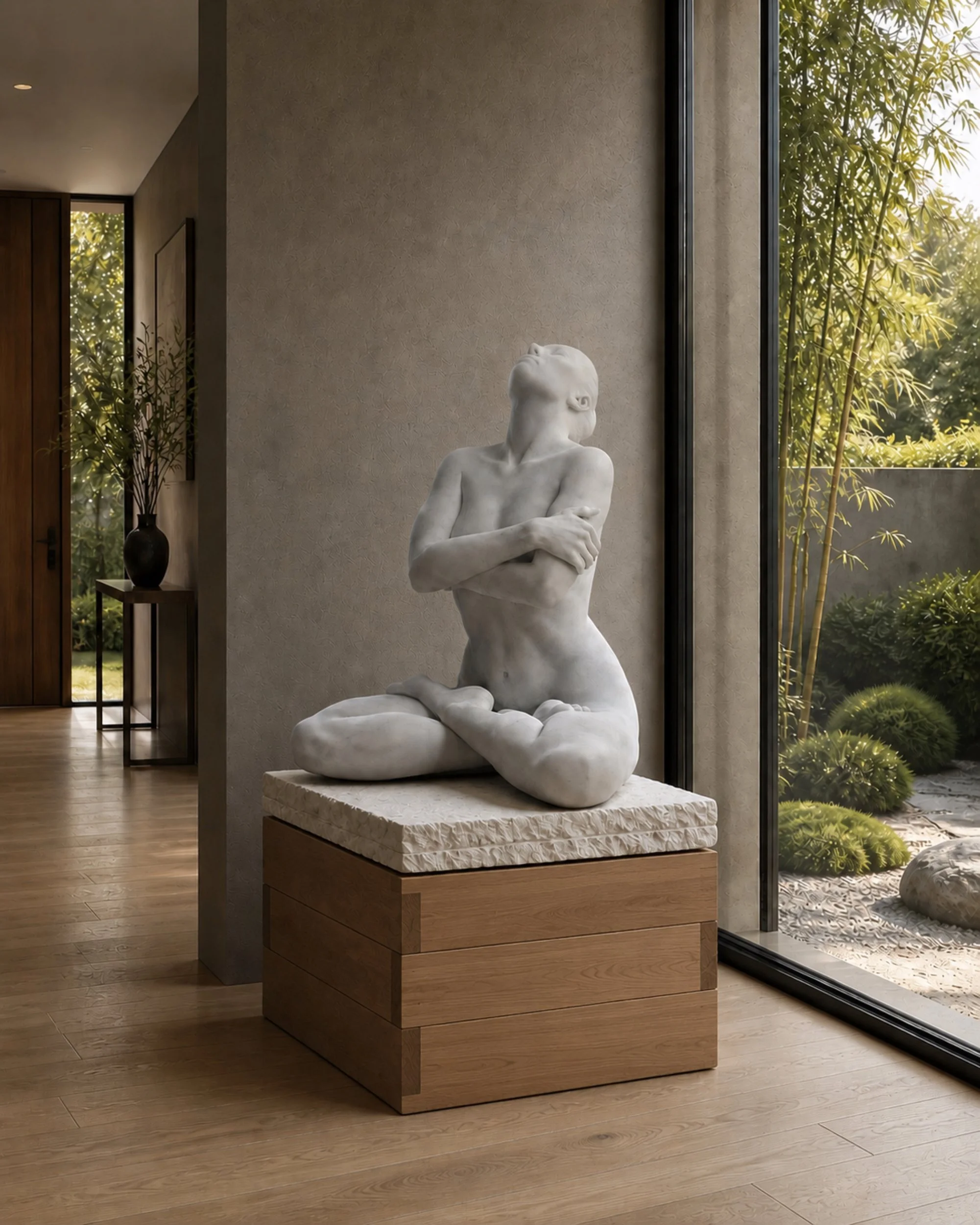 'Alexandra I' .
Carrara Marble and wood .
Height - 153 cm (inc base) .
Width - 75 cm .
Depth - 60 cm .
Private commission