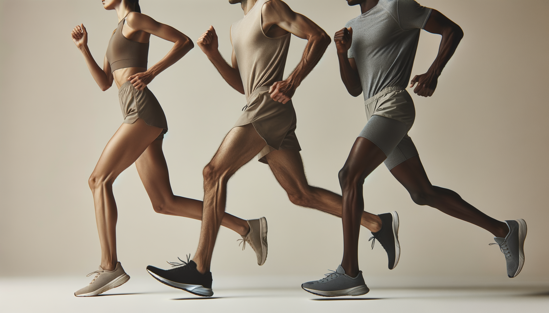 Three people running indoors, dressed in athletic wear, with neutral background.