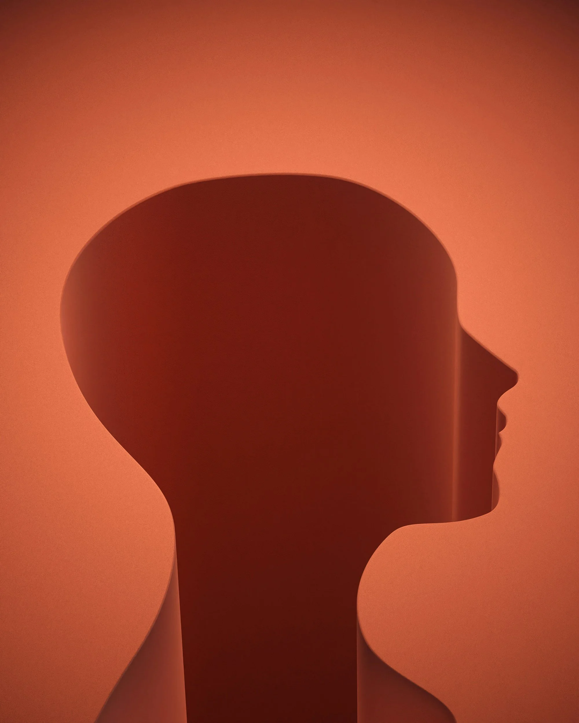 Abstract silhouette of a person's head in dark red against a reddish-orange background.