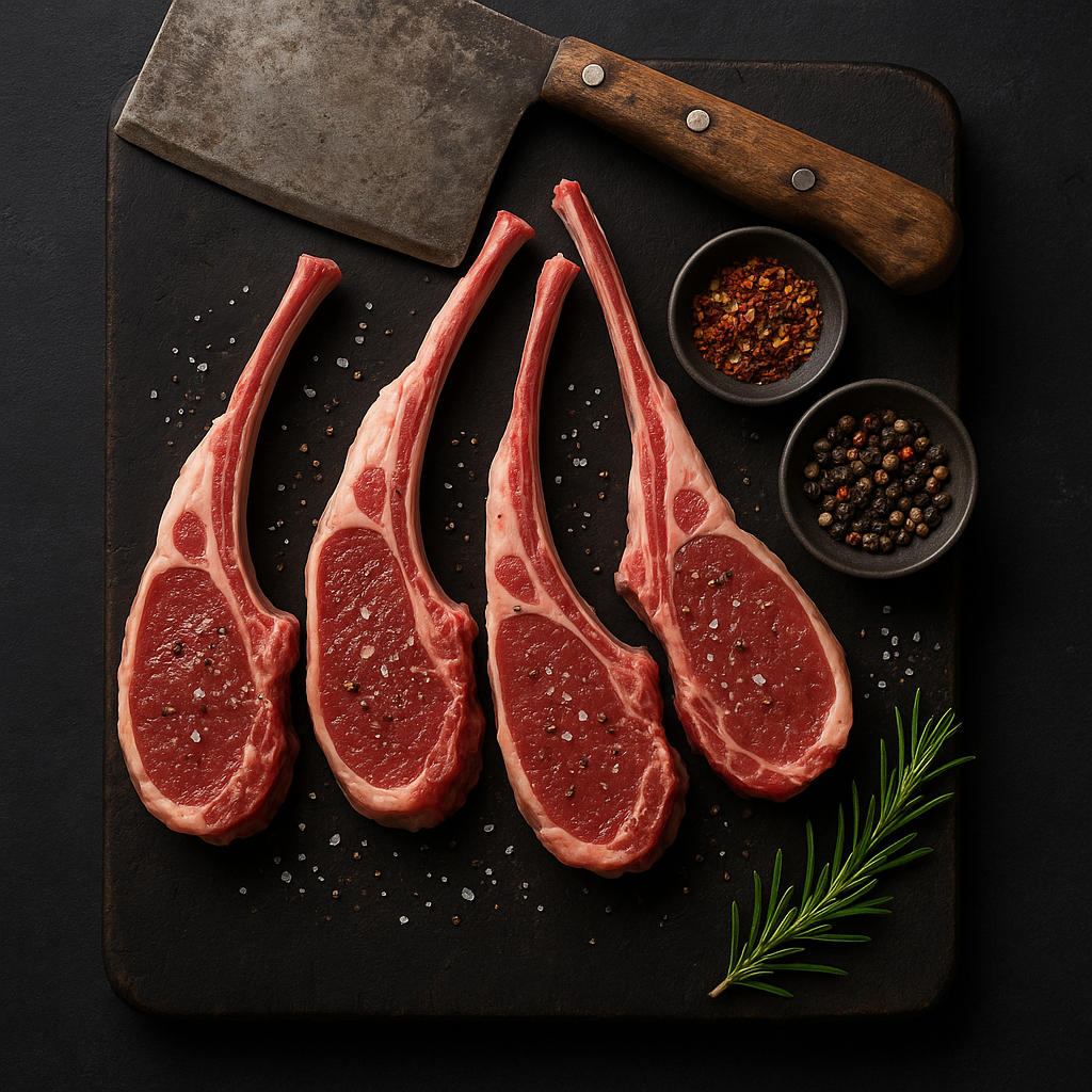 lamb chops on a black butcher board for simons market