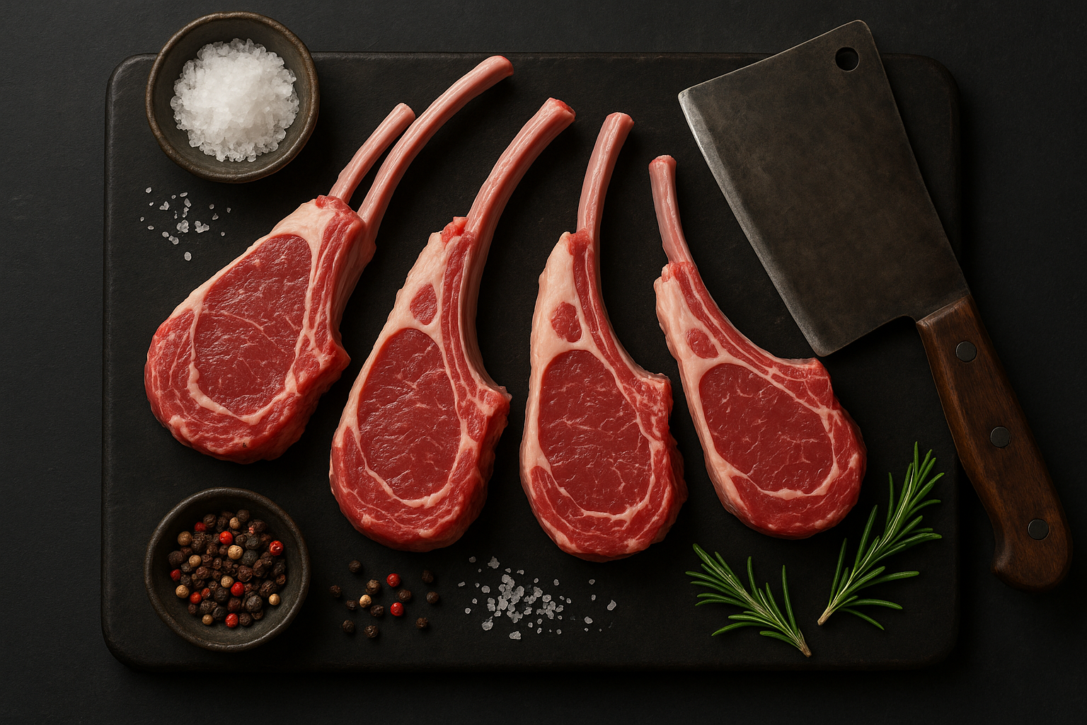 Four raw tomahawk steaks on a black cutting board, with a meat cleaver, sprigs of rosemary, salt, and black peppercorns.