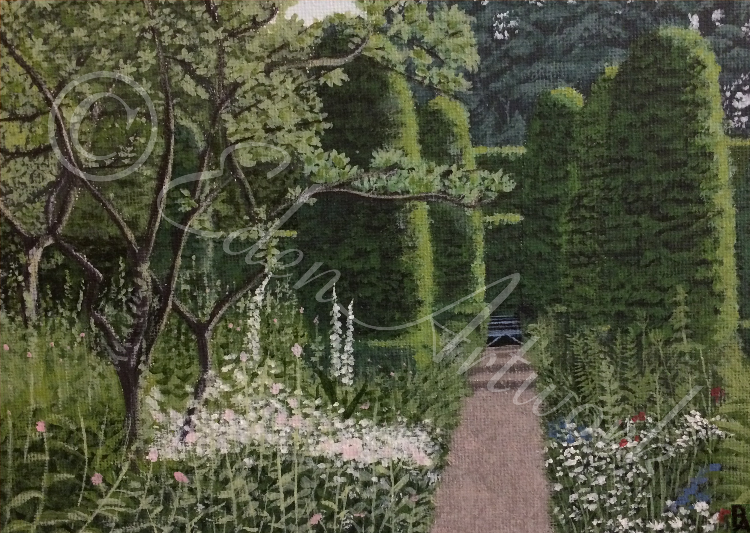 This painting is of the gardens at Hidcote. I have exhibited at the manor house and was pleased to have sold two paintings there.