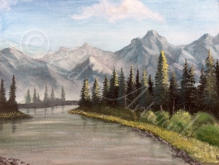 This peaceful Alaskan scene has a calm atmosphere, with the soft glow of the sun on the tips of the trees and the cool mist hanging on the base of the mountains. This is an early piece, and was the first mountain scene I had ever painted.