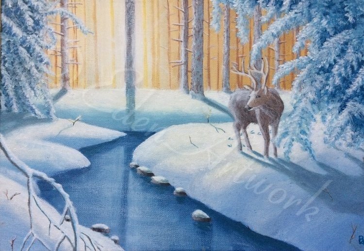 This painting of a snowy woodland is bright and cheerful, with a gentle deer stood by the riverbank.