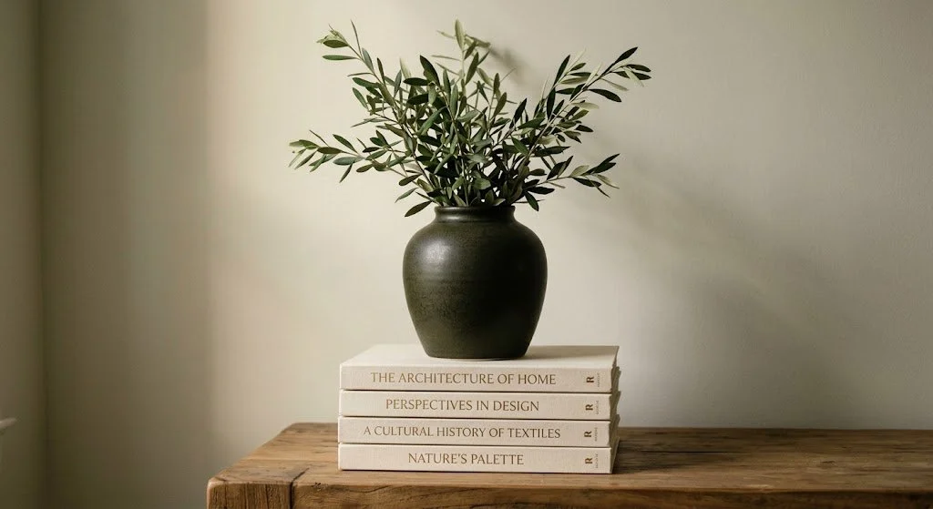 A black vase with green leafy branches on top of a stack of five books on a wooden surface.