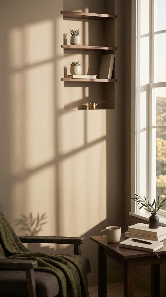 Sunlit cozy corner with wooden floating shelves, small potted plants, books, and a gold watering can, next to a large window with a view outside, and a nearby table with a plant, stacked books, a coffee mug, and a pen.