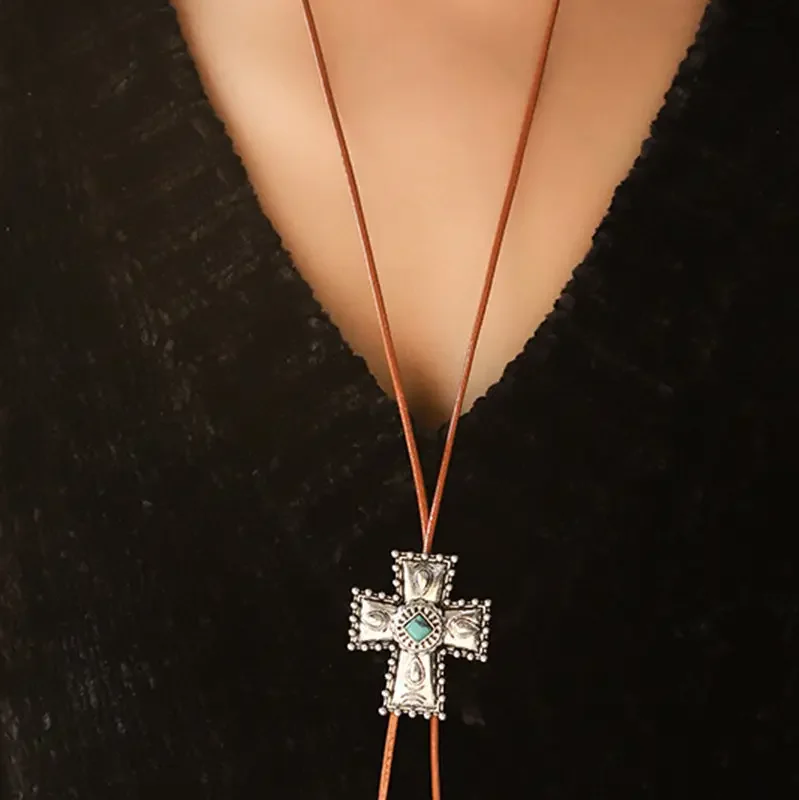 Cross Pendant Leather Cord Necklace
