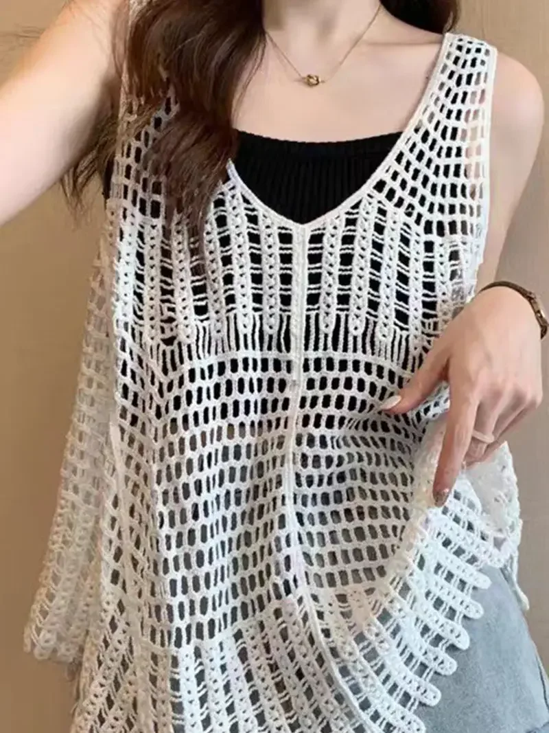 Sleeveless Crochet Tank Top WHITE