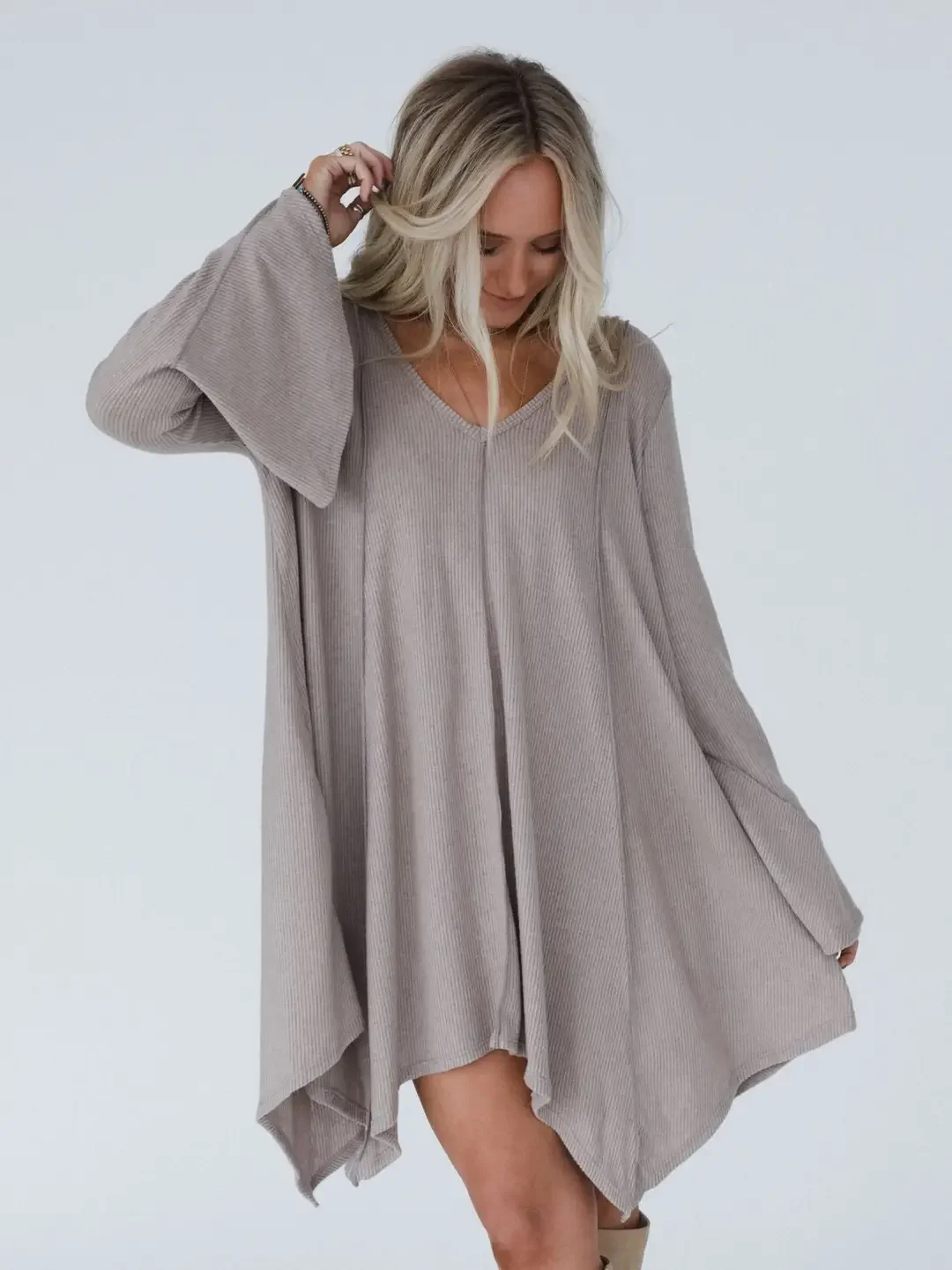 Golden Hour Long Bell Sleeve Tunic Dress - Latte
