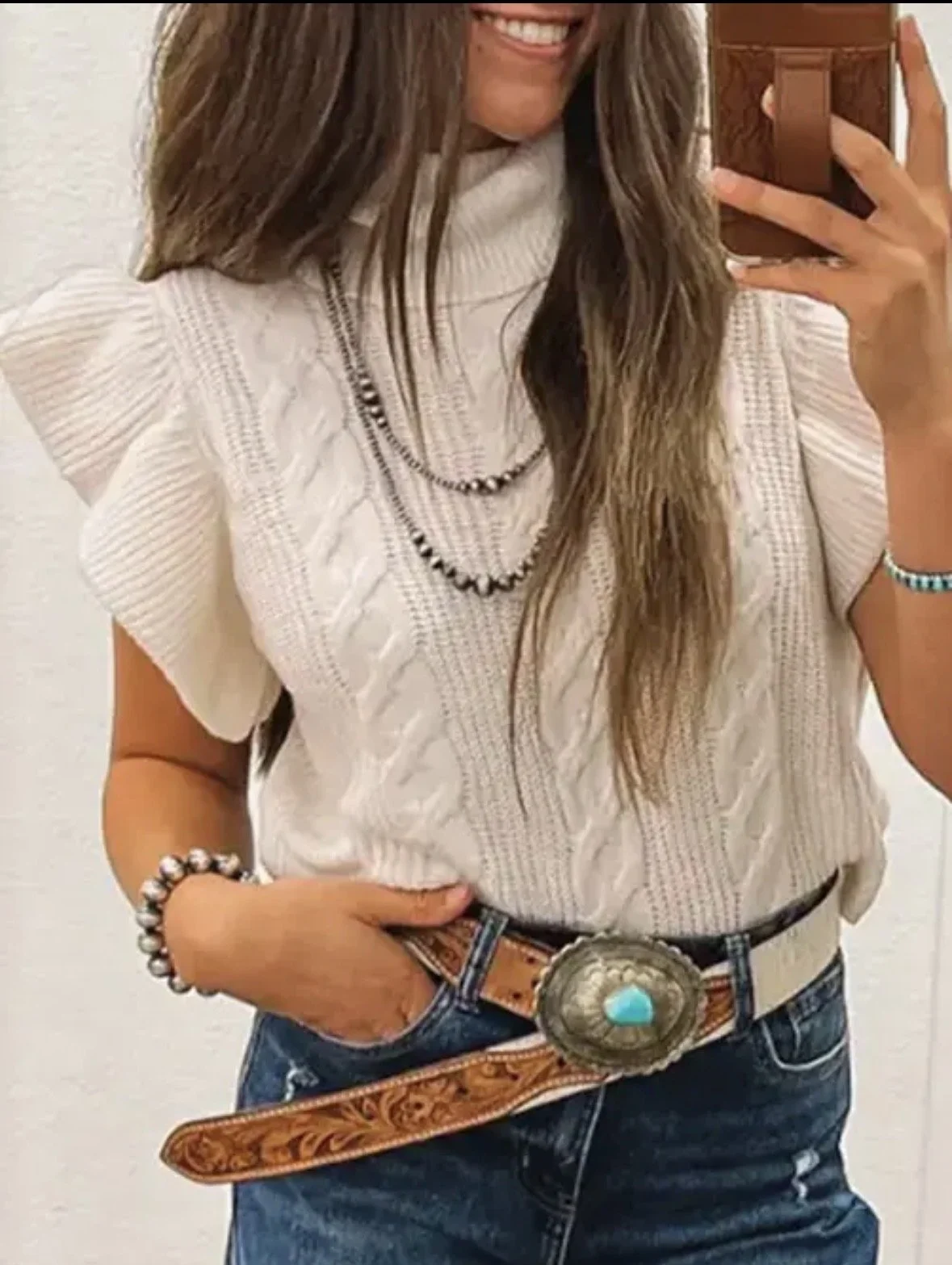 Cable Knit Turtleneck Sweater Ruffle Sleeve Casual Top