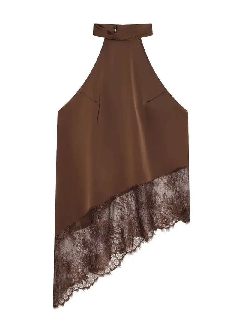 Asymmetric Lace Halter Neck Top