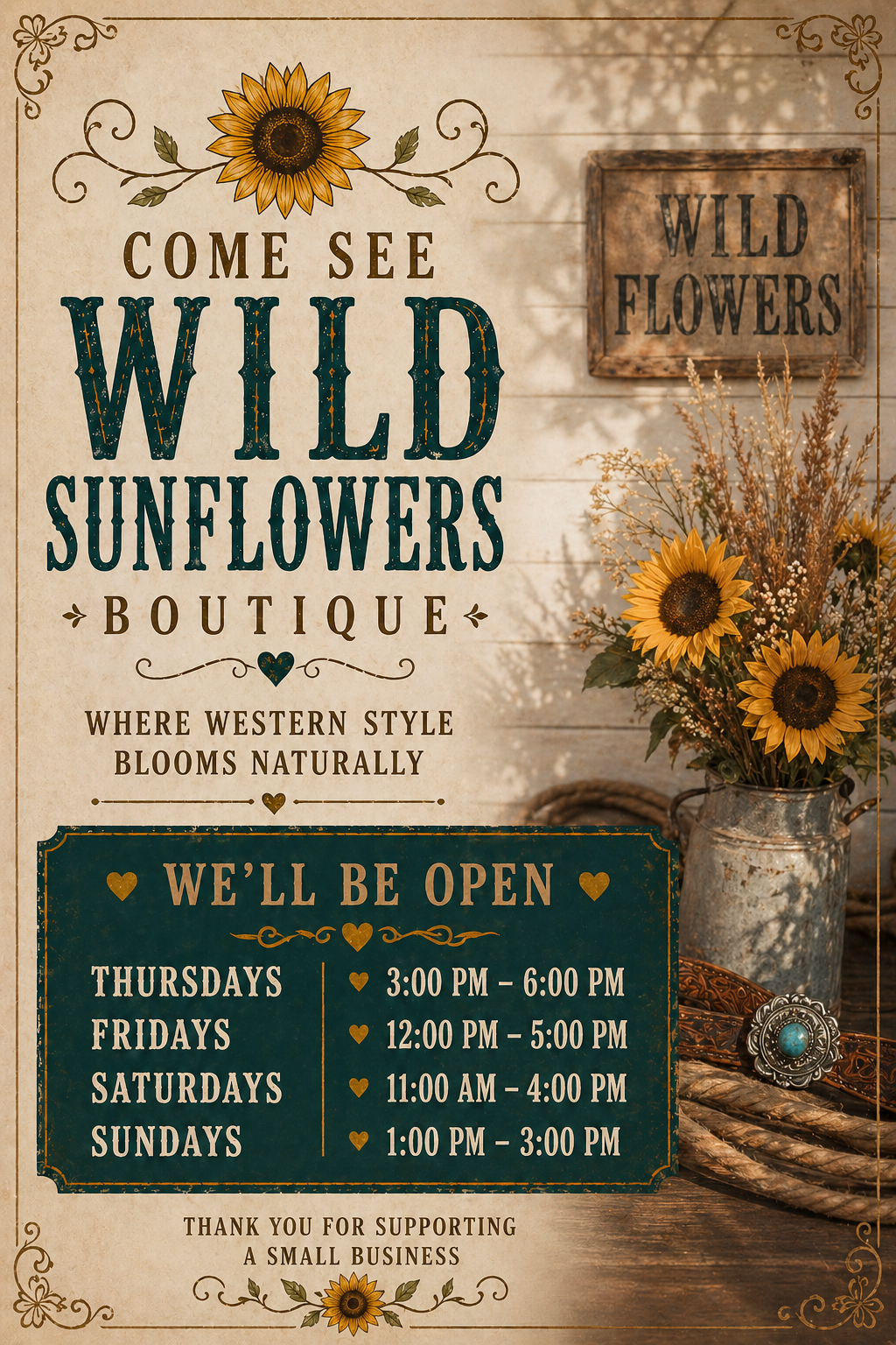 A sign advertising a sunflower boutique with the name 'Come See Wild Sunflowers Boutique' and hours of operation. The sign has sunflower decorations and a vase with sunflowers.