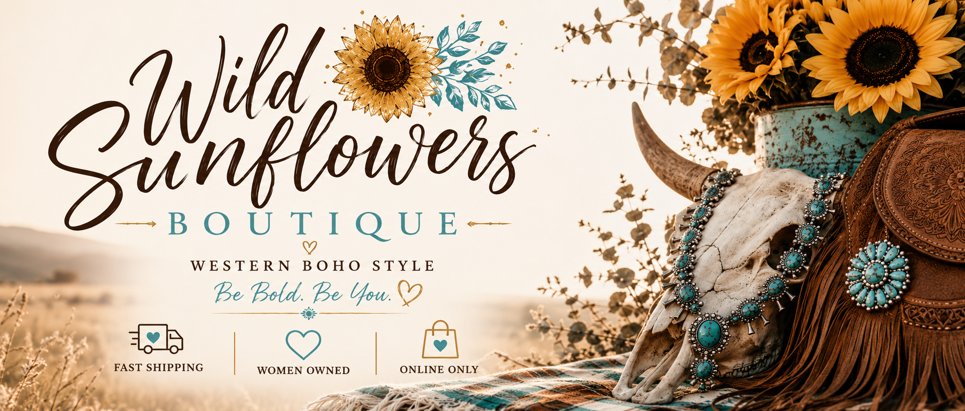 Sign for Wild Sunflowers Boutique featuring sunflower, turquoise jewelry, cow skull, western decor, photo of sunflower, and outdoor western landscape