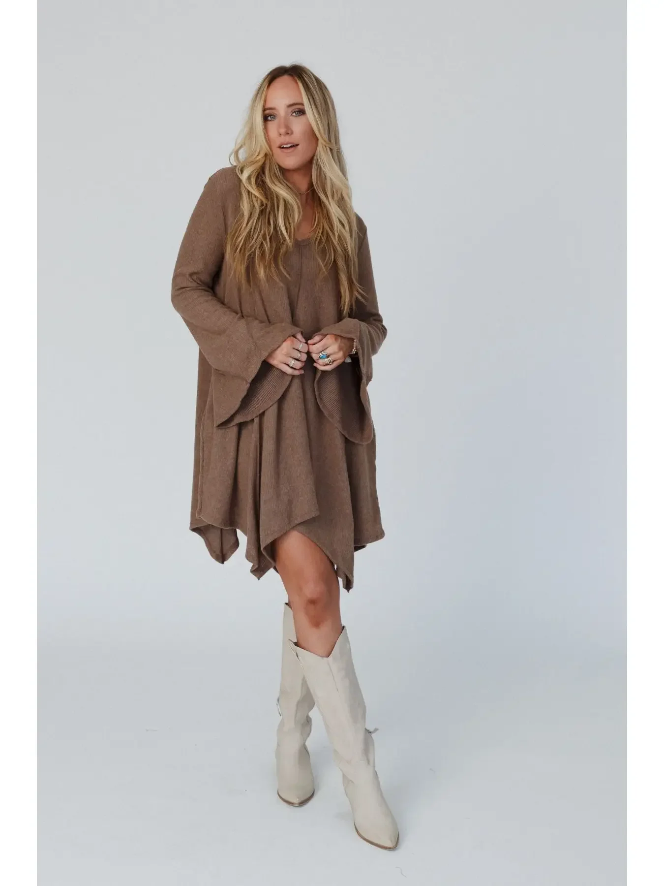 Golden Hour Long Bell Sleeve Tunic Dress - Mocha