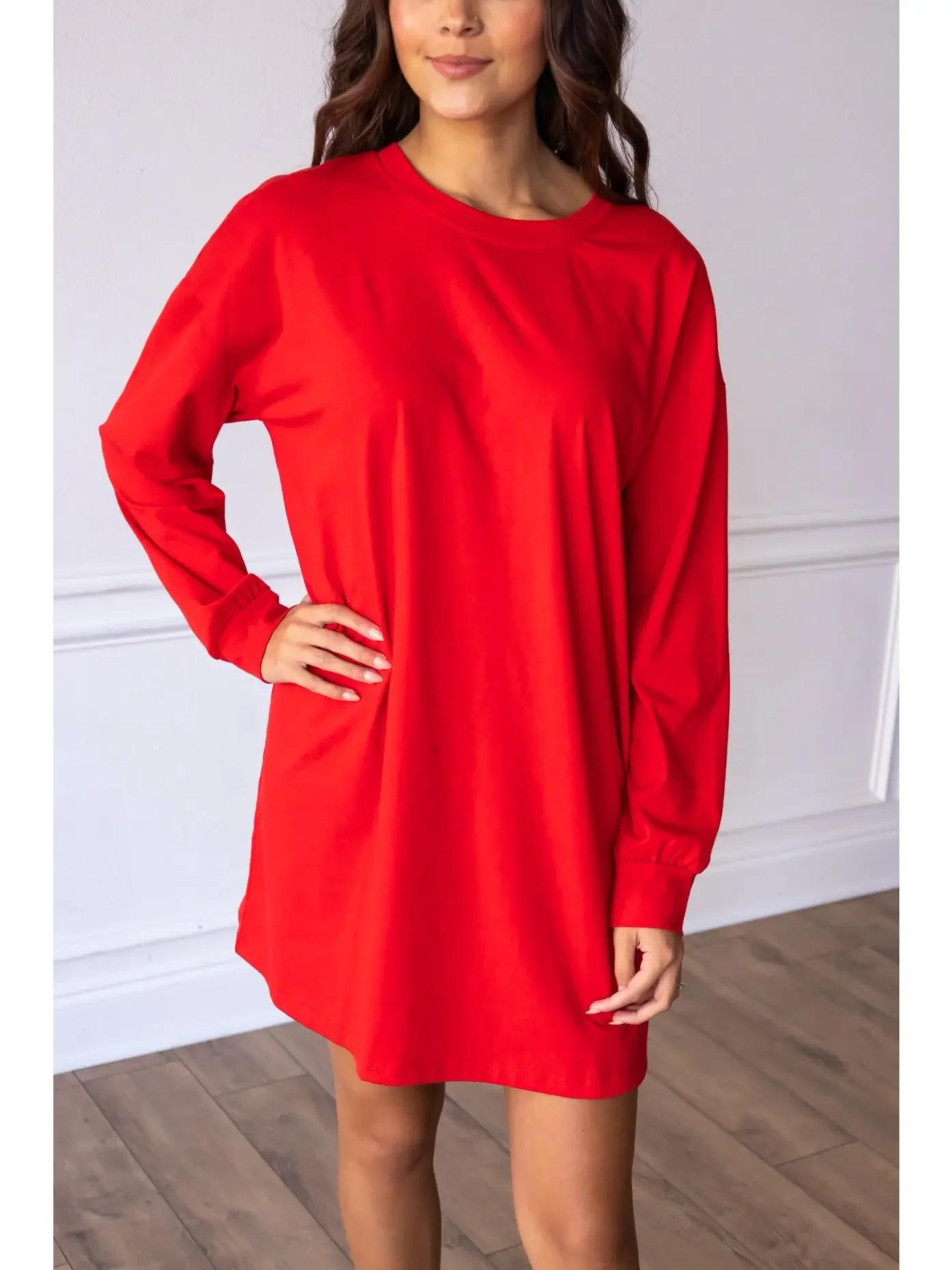 Red Long-Sleeved Tee Shirt Dress