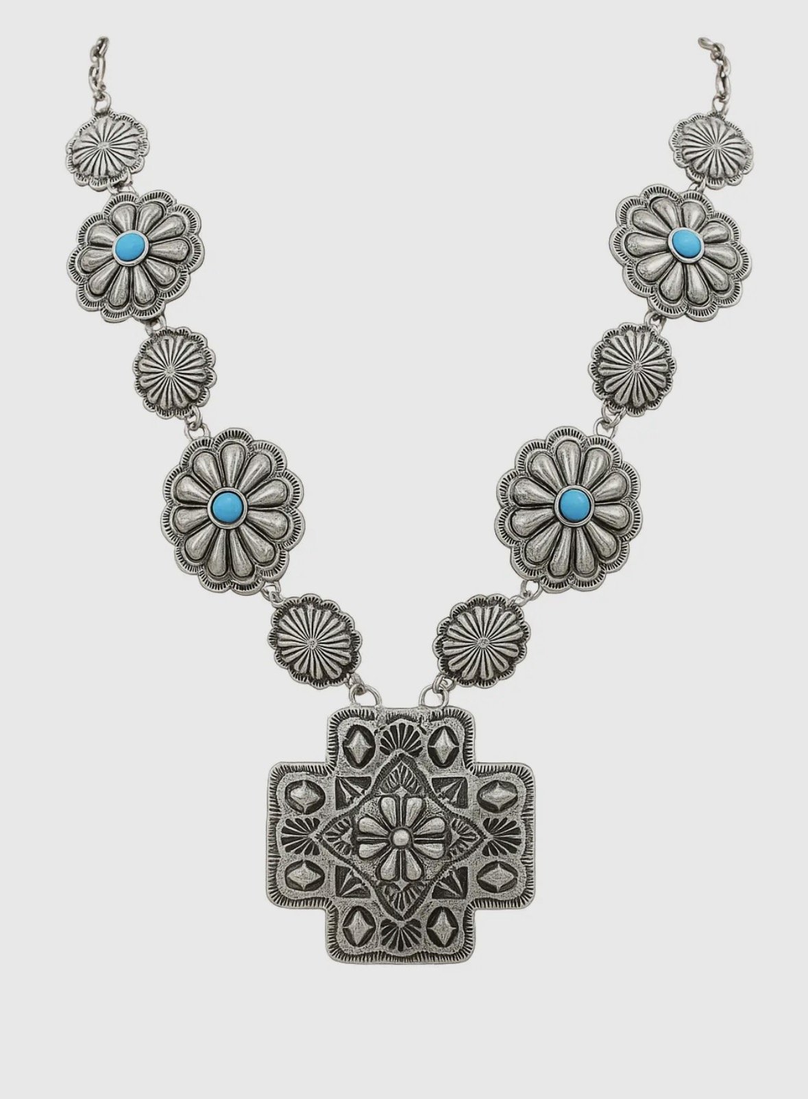 PRAIRIE STARBURST NECKLACE~WESTERN CONCHO STATEMENT W/ FAUX TURQUOISE ACCENTS