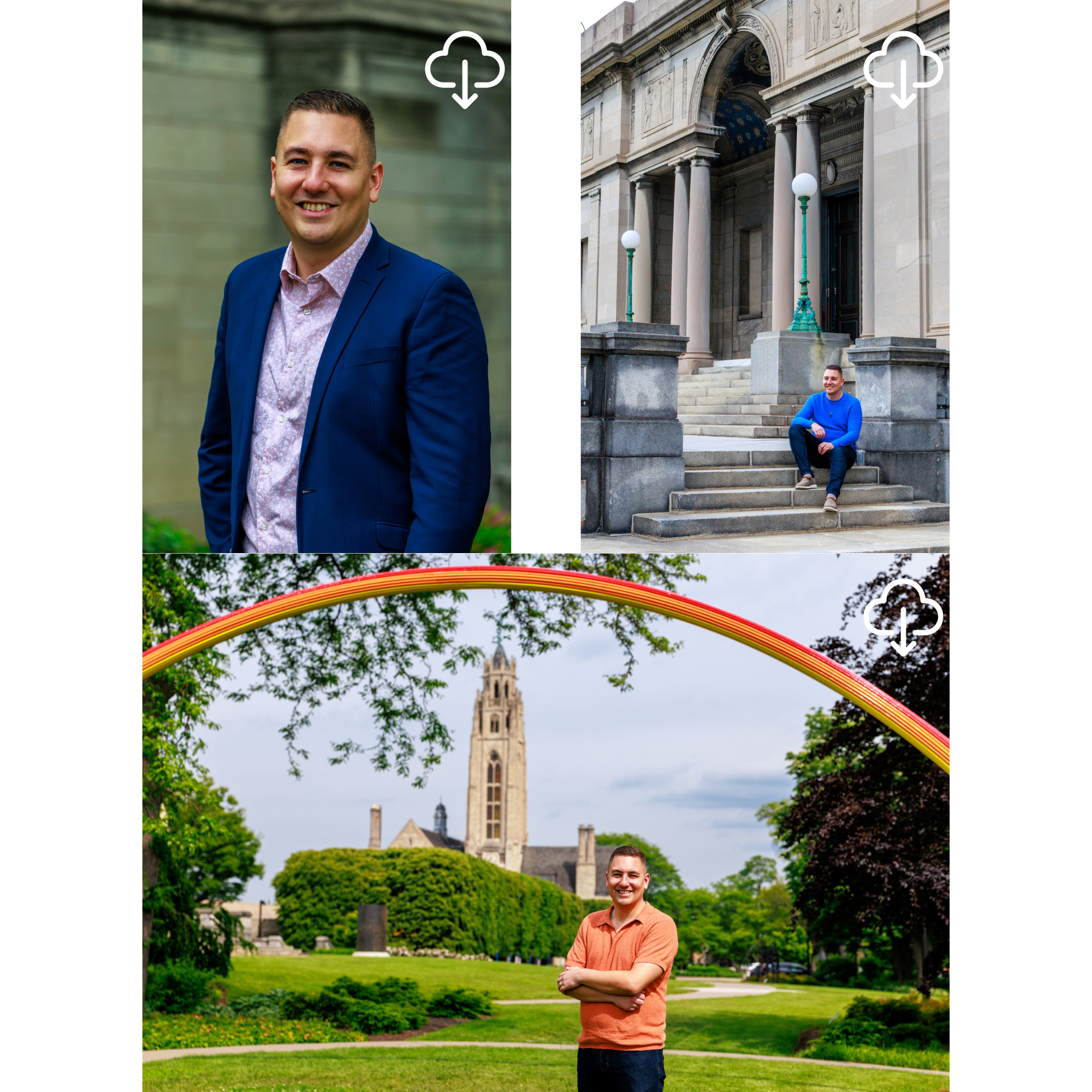 A collage of three photographs of a man. In the first photo, he is smiling and wearing a blue blazer with a pink shirt, standing outdoors against a blurred background. In the second photo, he is sitting on the steps of a historic building with columns, wearing a blue sweater and dark pants. In the third photo, he is standing in a park with a historic tower in the background and a rainbow arching overhead, wearing an orange polo shirt and crossed arms.