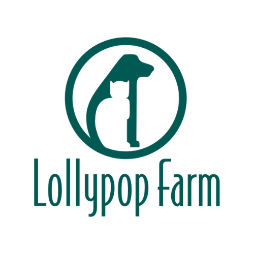 Logo for Lollypop Farm featuring a silhouette of a dog and cat inside a circle with the text 'Lollypop Farm' beneath.