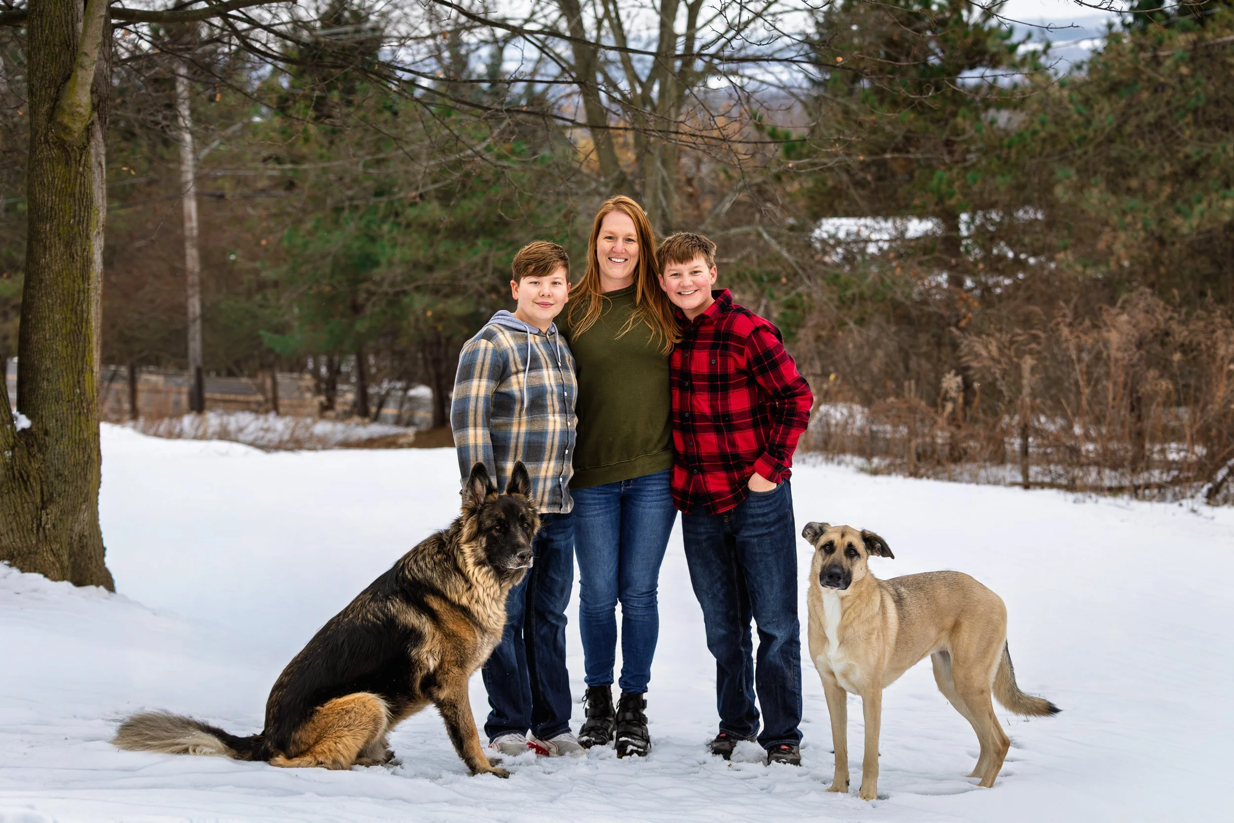 A woman with two boys standing in a snowy outdoor area with trees in the background, accompanied by two dogs, one sitting and one standing.