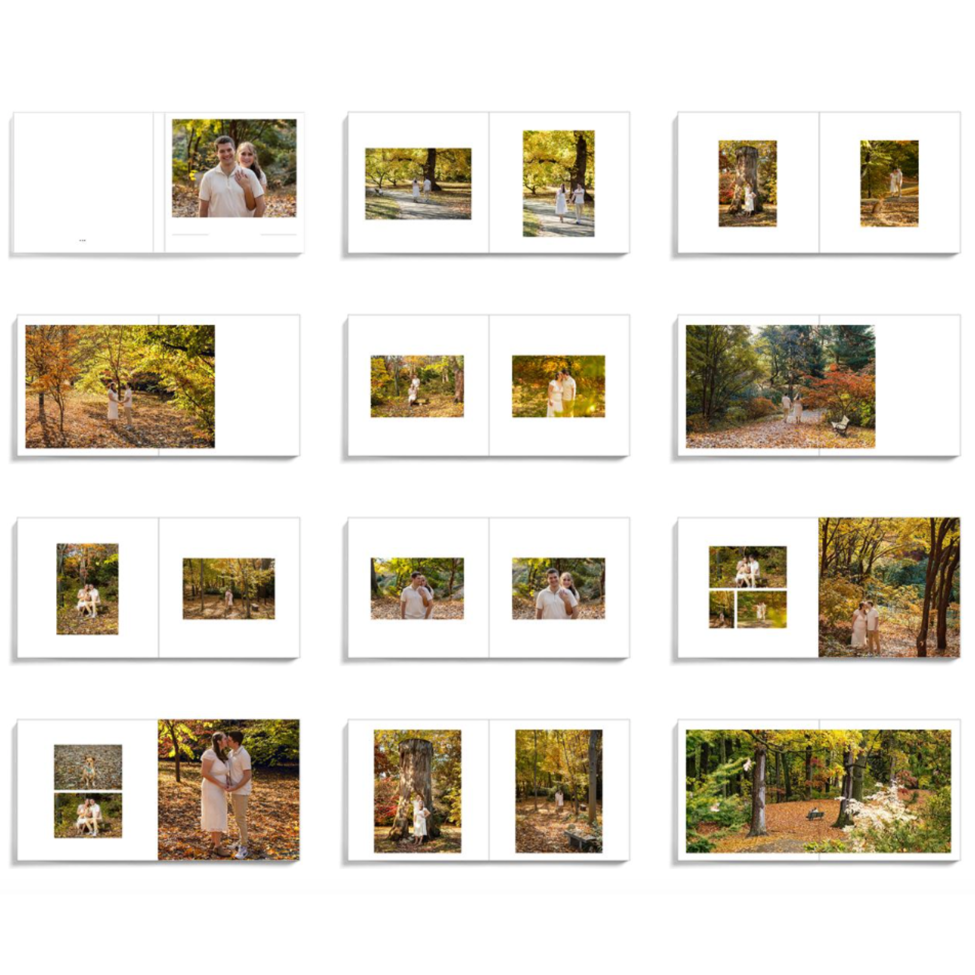 Collection of photo collages showing a couple outdoors during autumn, with colorful fall foliage, trees, and park scenery, featuring them posing alone and together.