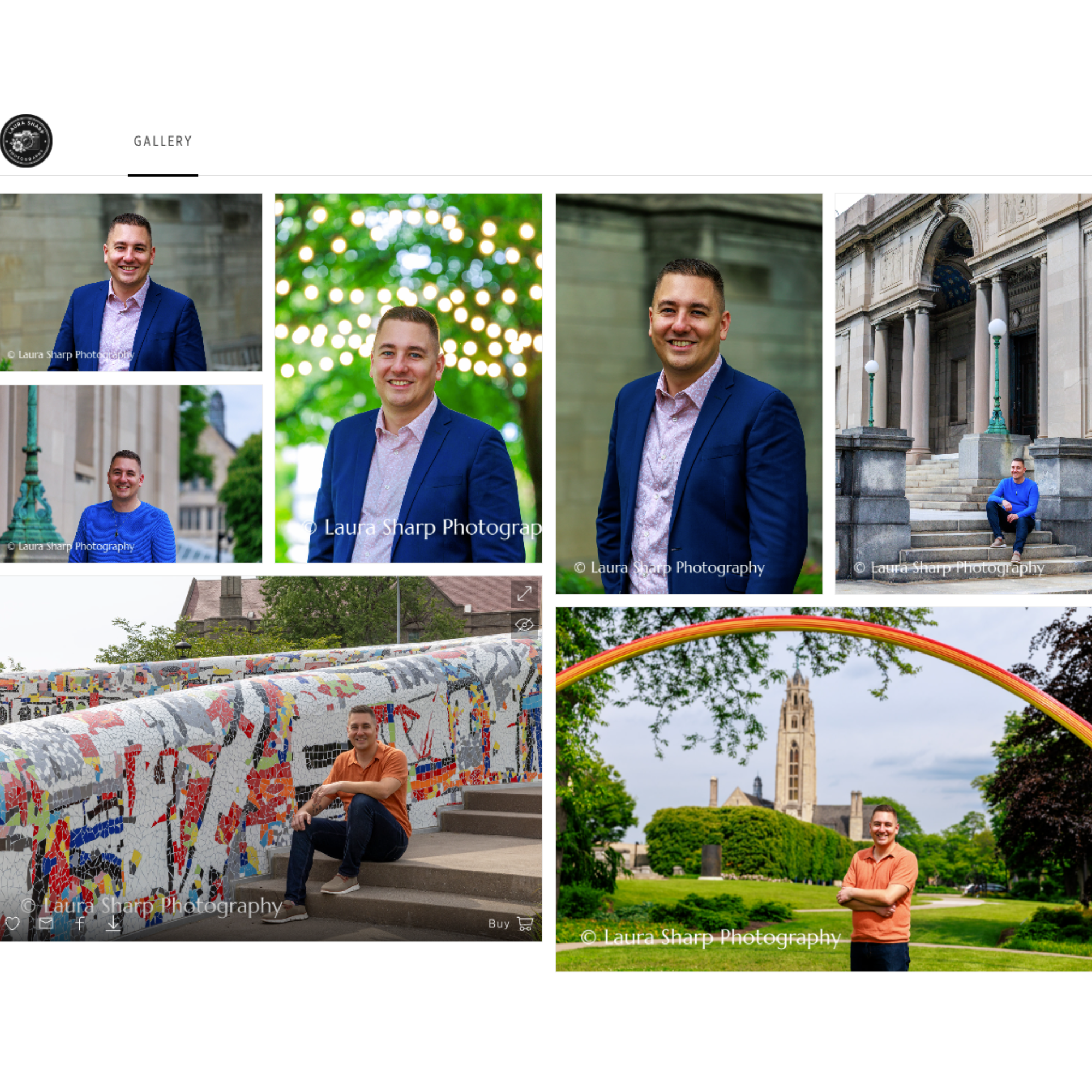 Collection of six photographs featuring a smiling young man in various outdoor settings, including urban and park locations, with notable architecture, greenery, and colorful backgrounds.
