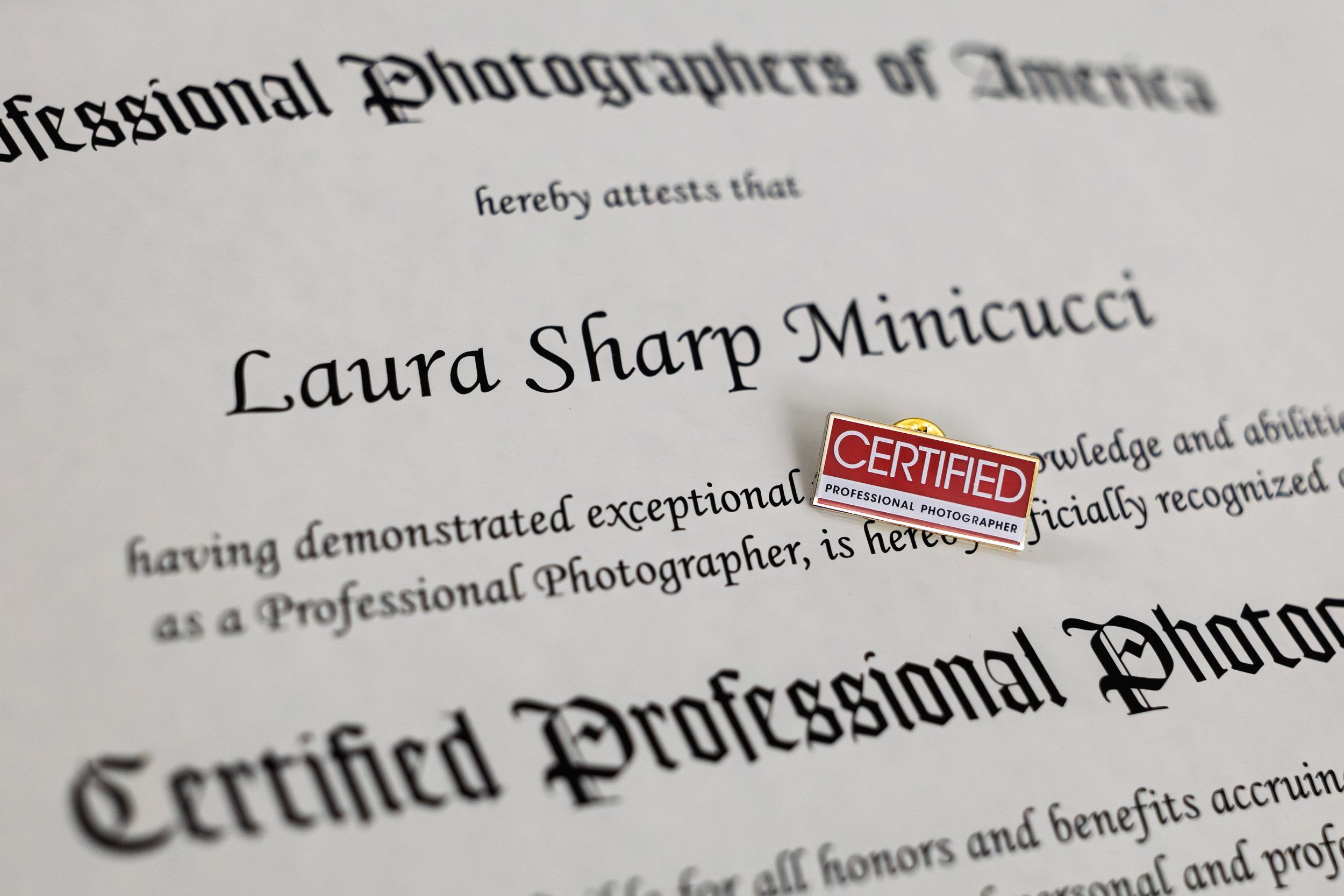 Laura Sharp Minicucci Certified Professional Photographer CPP certificate and pin Professional Photographers of America