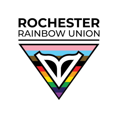 Logo for Rochester Rainbow Union featuring a black stylized heart shape within a triangle, with rainbow stripes at the bottom.