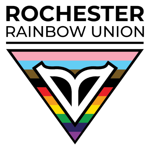 Rochester Rainbow Union logo with a black stylized bird inside a downward triangle with rainbow-colored stripes and the text 'ROCHESTER RAINBOW UNION' above.