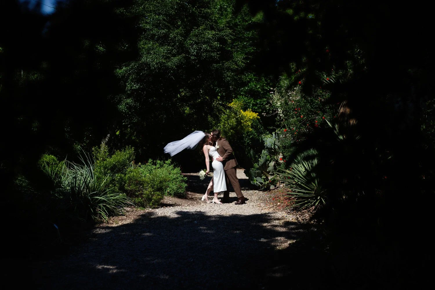 A groom in a brown suit pulls his bride toward him with his hand on her waist and kisses her. She has on a short white wedding dress and a white veil that is blowing out beside her. She is holding a bouquet of white flowers. They are surrounded by lu