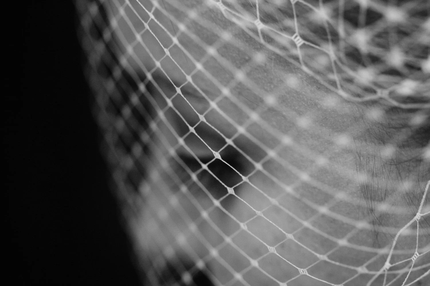 Tight black and white image of a birdcage veil over a woman's face. 