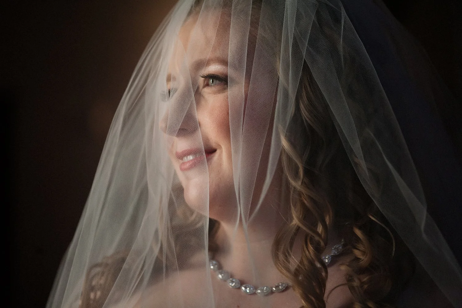 A bride with curly brown hair partially covered by a sheer veil, smiling softly, wearing a necklace with large round stones.