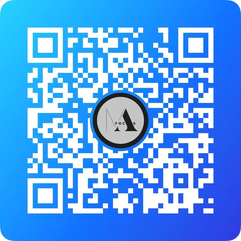 A QR code with a central logo featuring a mountain and the letters 'FOC' and 'S' on a blue gradient background.
