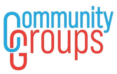 The word "community" partially visible behind large red and pink letters spelling "groups" in front.