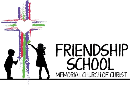 Silhouettes of children reaching towards a colorful cross, with the words 'Friendship School' and 'Memorial Church' below.