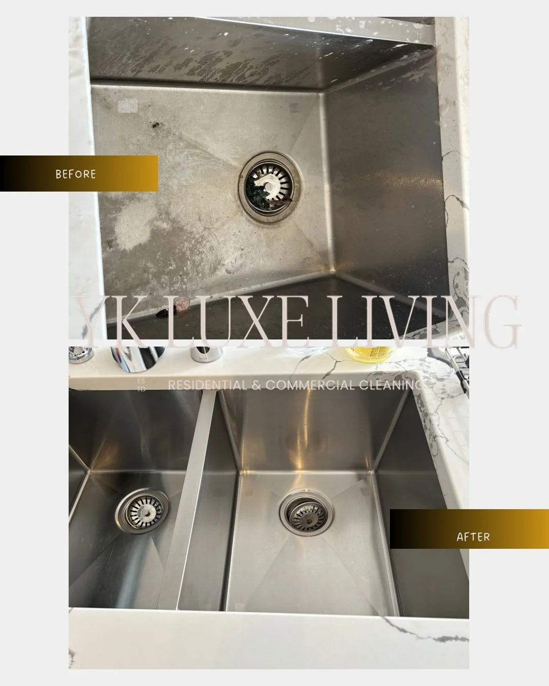 Before &amp; After &ndash; Kitchen Sink Deep Cleaning

Over time kitchen sinks collect grease, buildup, and bacteria from daily use.

At YK Luxe Living Cleaning Services, we detail clean and sanitize every surface to restore a polished stainless stee