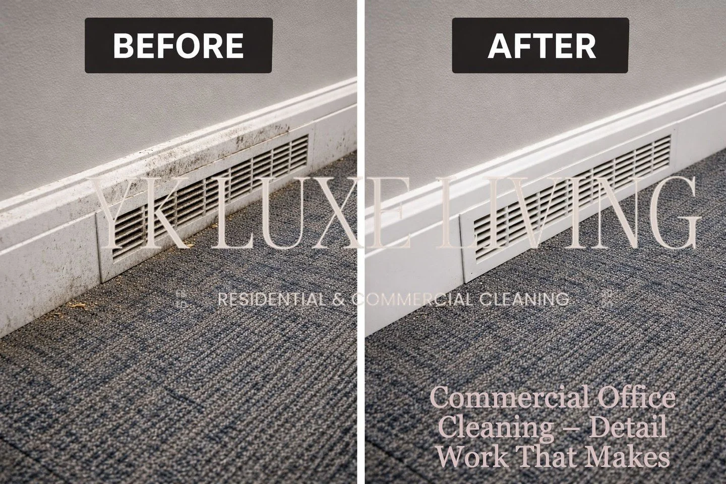 Clean workspaces require attention to the details most people overlook. Dust, debris, and buildup around baseboards and floor vents can quickly accumulate in busy office environments.

At YK Luxe Living Inc., our commercial cleaning services focus on