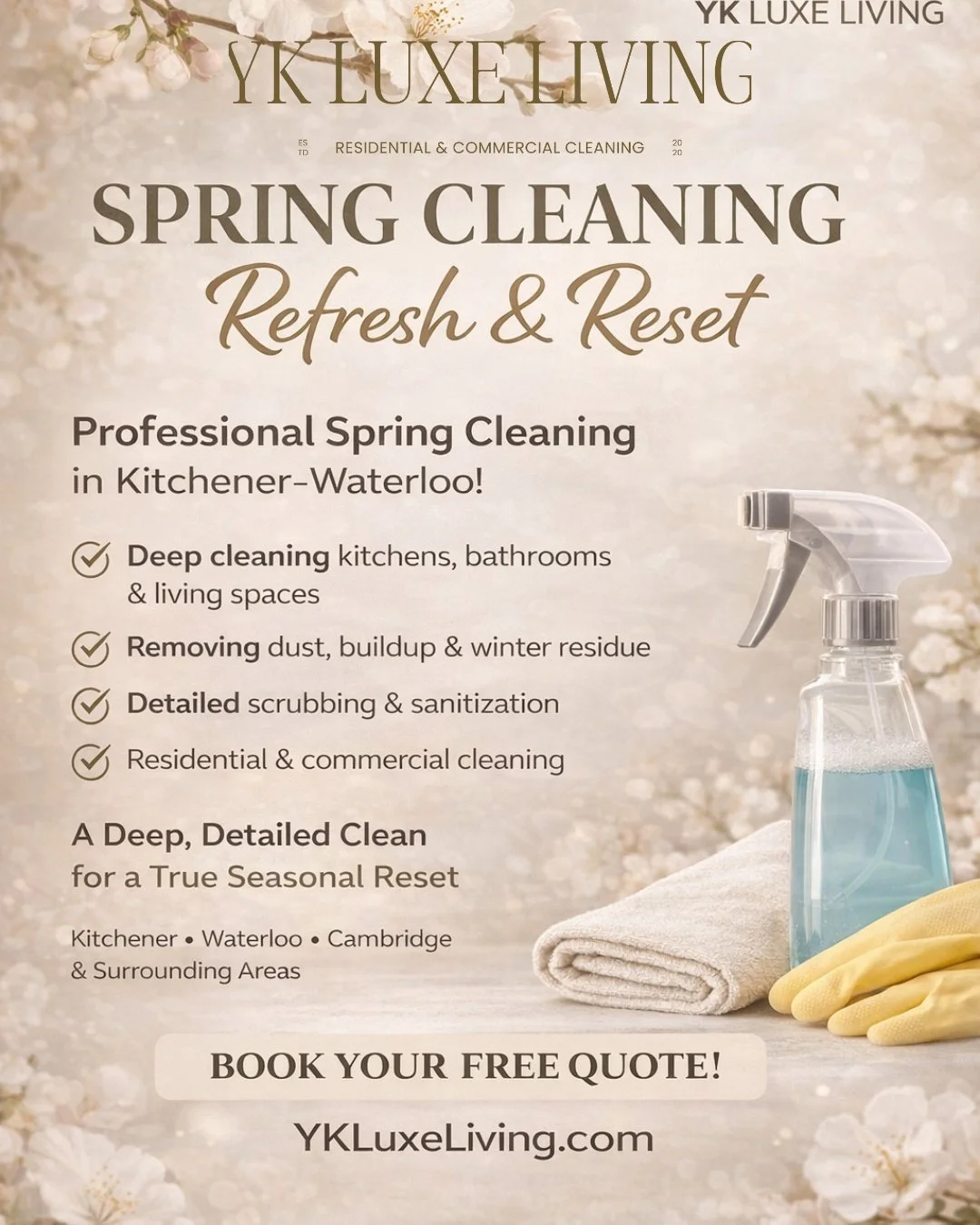 Spring Cleaning in Kitchener-Waterloo | YK Luxe Living Inc.

After a long winter, your home or workspace needs more than a quick tidy &mdash; it needs a true reset.

At YK Luxe Living Inc., we provide professional spring cleaning services in Kitchene