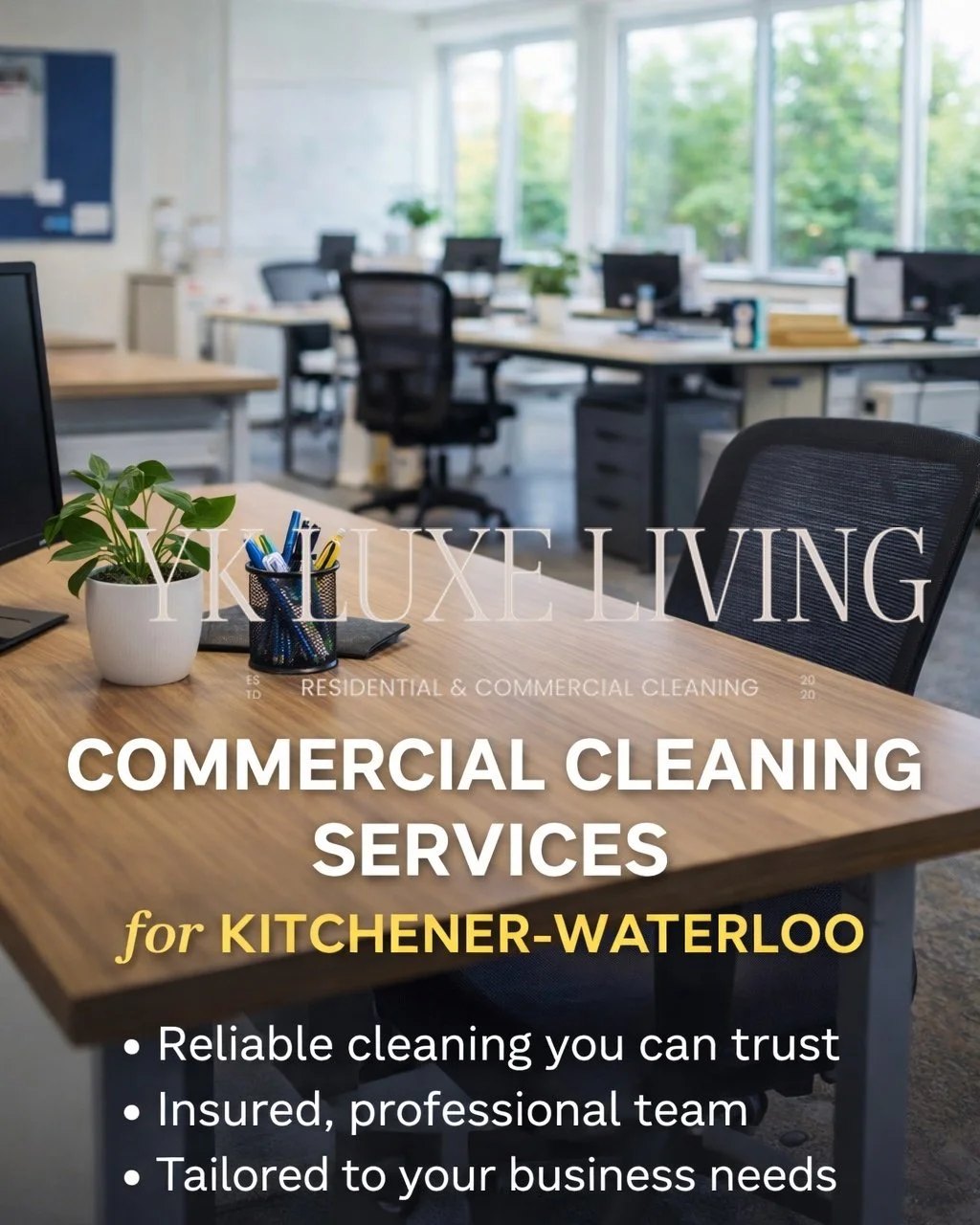 Your workspace says everything about your business.

If it&rsquo;s not consistently clean, organized, and fresh&hellip;
your clients notice.

At YK Luxe Living Inc., we provide reliable commercial cleaning in Kitchener-Waterloo designed for businesse
