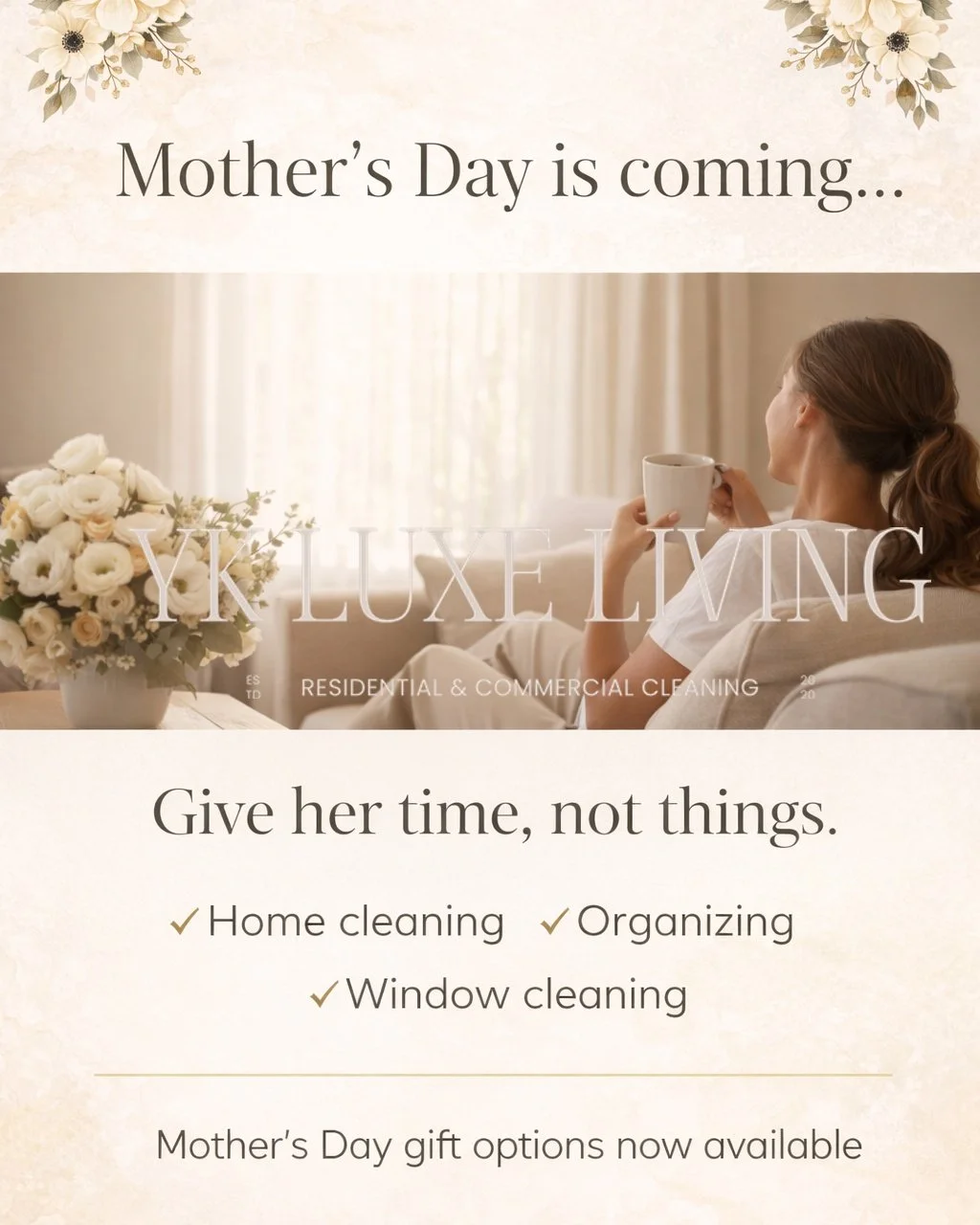 If you&rsquo;re still thinking about what to get her for Mother&rsquo;s Day&hellip; 👀

Not flowers that fade
not something she has to find space for&hellip;

Something that actually helps.

A clean home.
A reset.
Time to relax 

With YK Luxe Living 