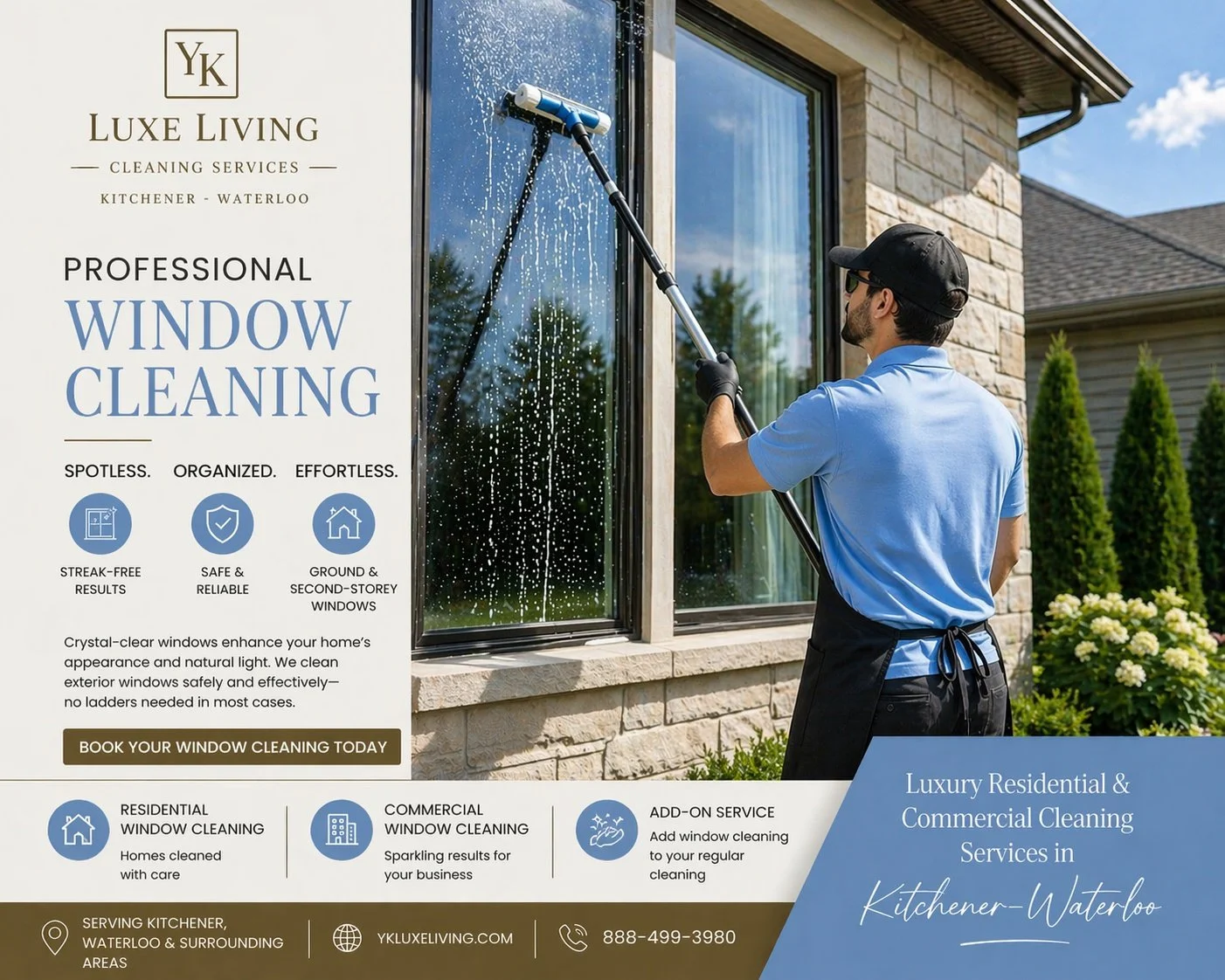 Professional window cleaning in Kitchener-Waterloo
Streak-free interior &amp; exterior windows, including second-storey homes &mdash; no ladder needed in most cases.

Add window cleaning to your next service and enjoy a brighter, cleaner home.

Call 