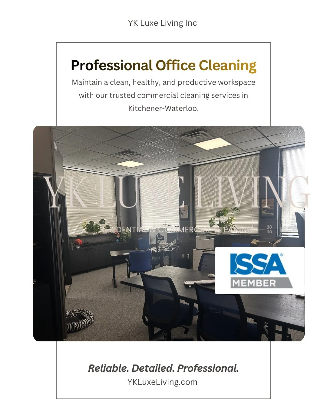 Looking for reliable office cleaning in Kitchener-Waterloo?

At YK Luxe Living, we help businesses maintain clean, professional workspaces that leave a lasting impression.

Our commercial cleaning services include:
✔ Office cleaning &amp; dust remova