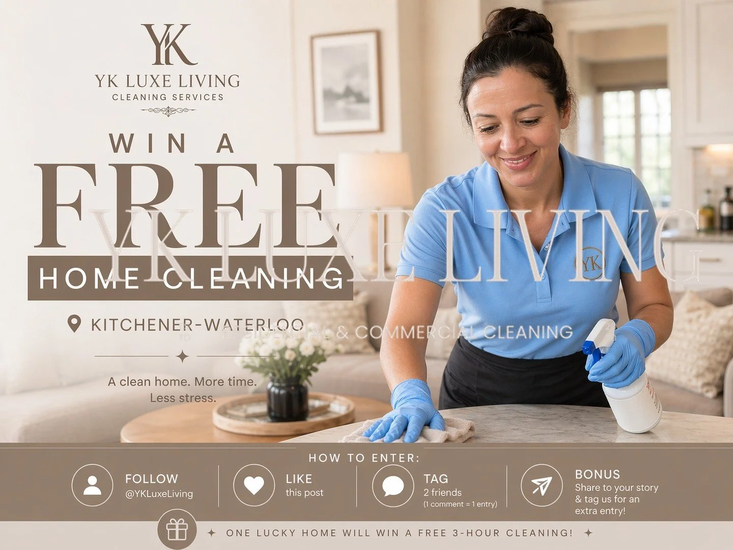 ✨ MAY GIVEAWAY &ndash; Kitchener &amp; Waterloo ✨

We&rsquo;re starting the month by giving back to one home in our community 🤍

Imagine walking into a fresh, professionally cleaned home&hellip;
without lifting a finger.

🎁 WIN A FREE 3-HOUR HOME C