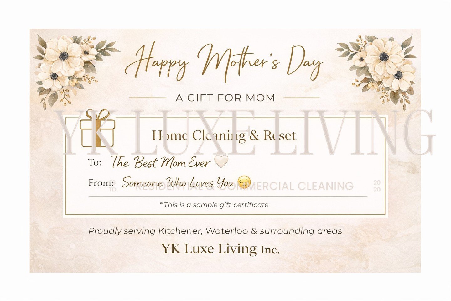Still looking for the perfect Mother&rsquo;s Day gift?

Skip the flowers this year.

Give her a professionally cleaned home ,something she&rsquo;ll truly appreciate.

YK Luxe Living Gift Cards are available for:
✔ Deep cleaning services
✔ Recurring h