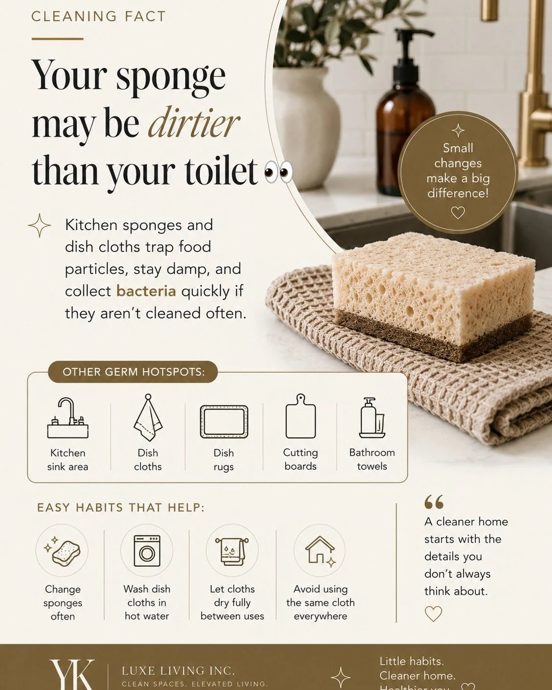 Small hygiene habits can make a big difference in keeping a healthier home .

Kitchen sponges, dish cloths, and wet sink areas can collect bacteria quickly when they stay damp too long.

Simple habits like changing sponges regularly and washing dish 