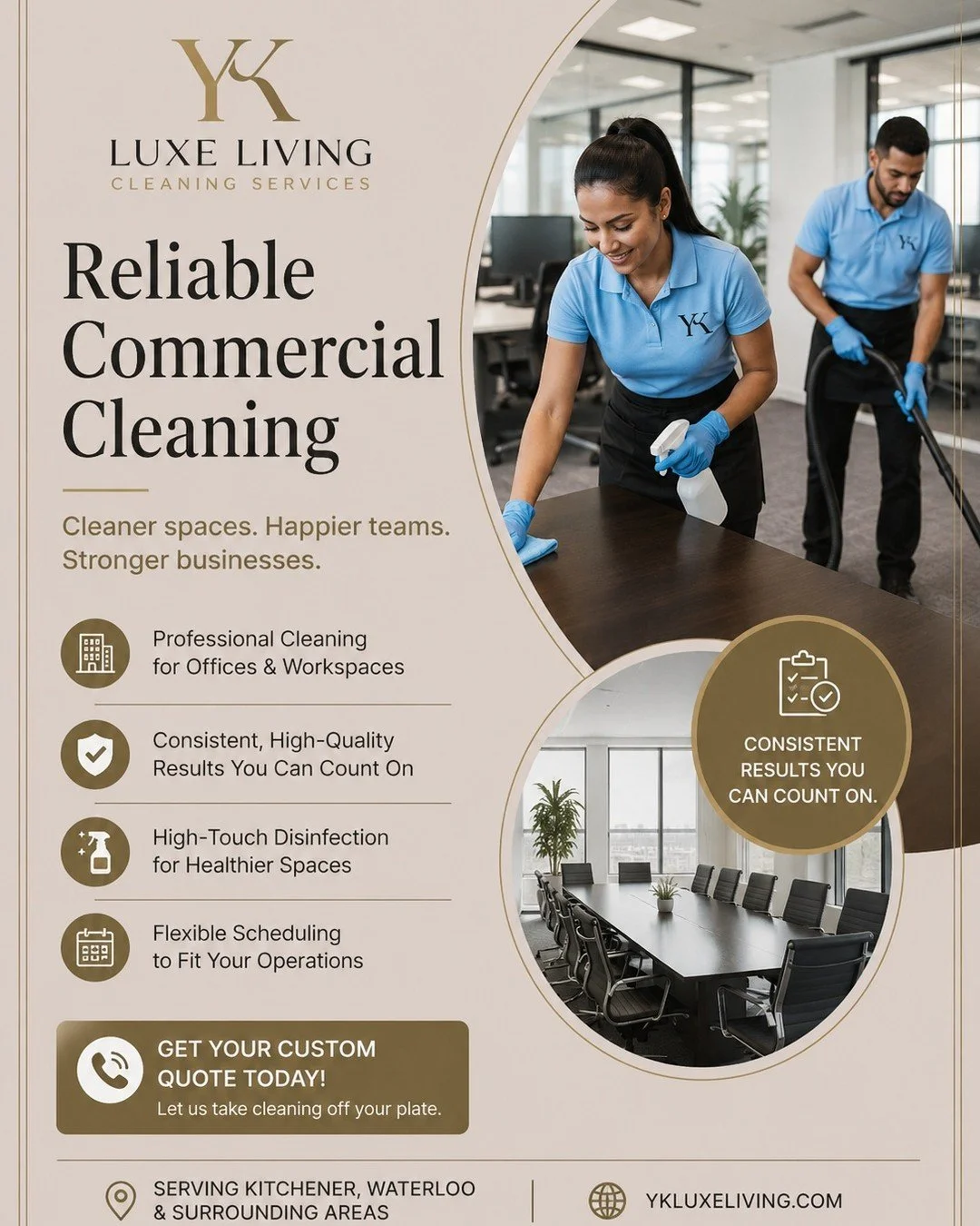 Facility managers and office owners in Kitchener&ndash;Waterloo:

Is your current cleaning company becoming inconsistent?
Missed details, washroom complaints, dusty surfaces, and unreliable service create more work for your team.

Professional office