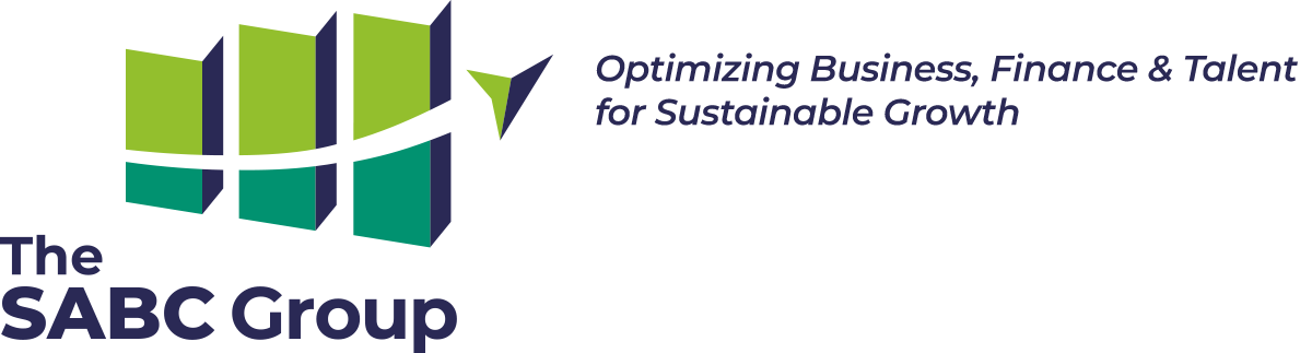 Logo of The SABC Group featuring a green and blue abstract bar chart with an upward arrow and the text 'The SABC Group' and 'Optimizing Business, Finance & Talent for Sustainable Growth'.